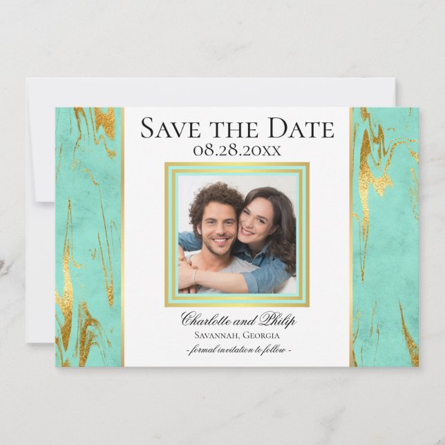 Reserve A Data Mint e Dourada Marble Photo Save the Date (Salvar  (Frente)