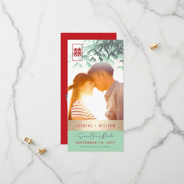Reserve A Data Mint Green Zen Bamboo Leaves Photo Chinese Wedding (Frente/Verso In Situ)