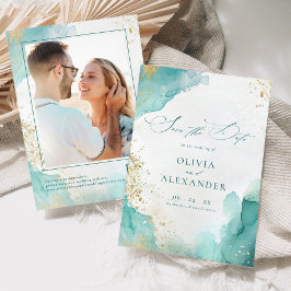 Reserve A Data Modern Beach Wedding Teal Gold Abstract Photo