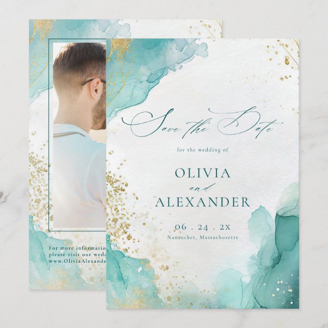 Reserve A Data Modern Beach Wedding Teal Gold Abstract Photo (Frente/Verso)