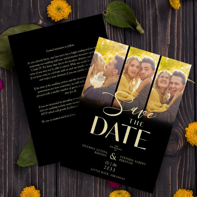 Reserve A Data Modern Black Trendy Collage Wedding 3 Photos (Modern Black Trendy Collage Wedding 3 Photos Save the Date with Envelope. )