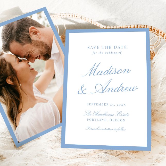 Reserve A Data Modern Blue Border Photo Wedding (Criador carregado)