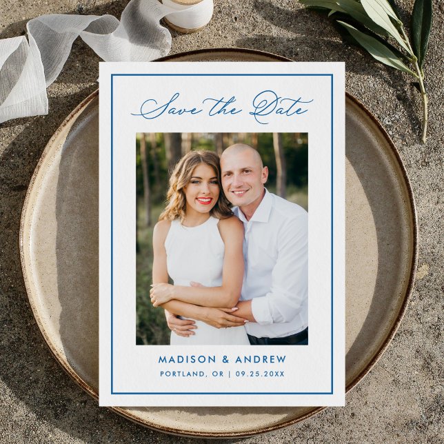 Reserve A Data Modern Blue Border Script Photo Wedding (Criador carregado)