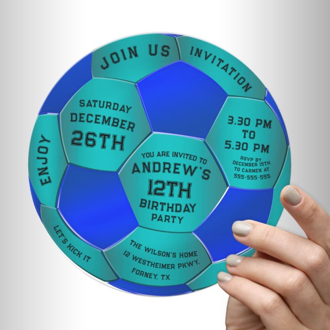 Reserve A Data Modern Blue Text Soccer Ball Birthday Invitation  (Criador carregado)