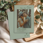 Reserve A Data Modern Boho Sage Green Wedding<br><div class="desc">Announce your big day with this boho wedding save the date in soft sage green,  featuring a modern layout,  minimalist typography,  and elegant script. Designed to highlight your engagement photo,  this simple yet romantic card blends rustic charm with timeless bohemian style.</div>