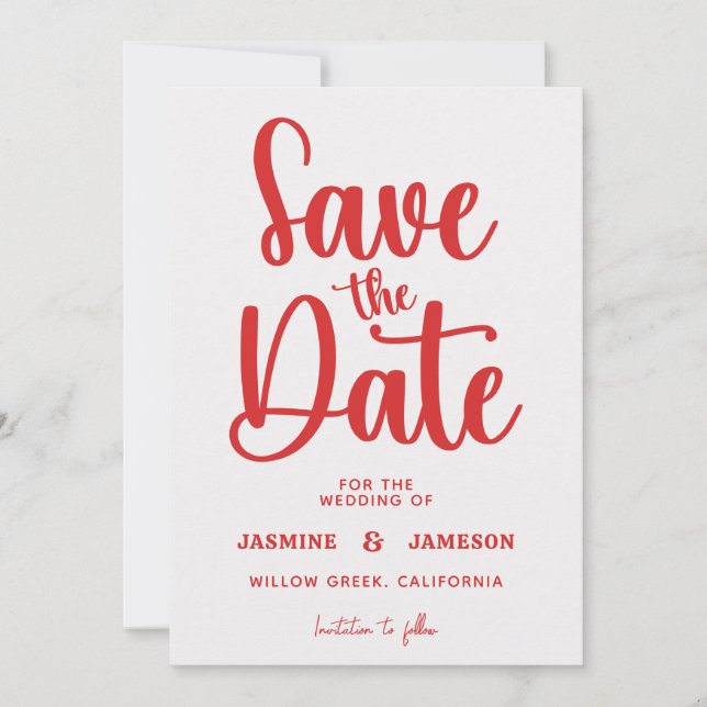 Reserve A Data Modern Bold Casual Red Script Photo Wedding Retro (Frente)