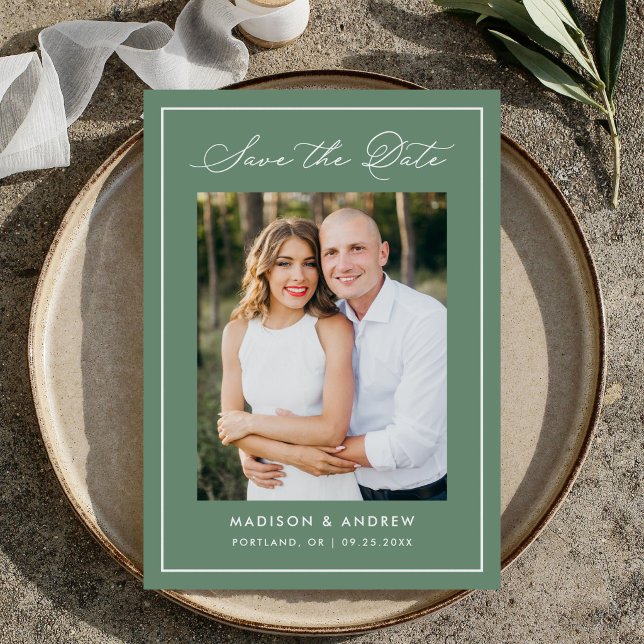 Reserve A Data Modern Border Script Sage Green Photo Wedding (Criador carregado)