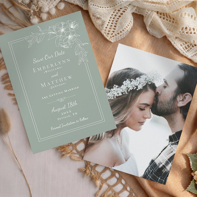 Reserve A Data Modern Botanical Sage Green Photo Wedding (Modern Botanical Sage Green Photo Wedding Save The Date)