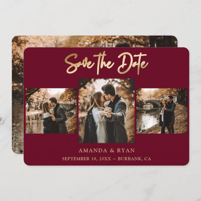 Reserve A Data Modern Burgundy e Gold Foil Weding 4 Foto (Frente/Verso)