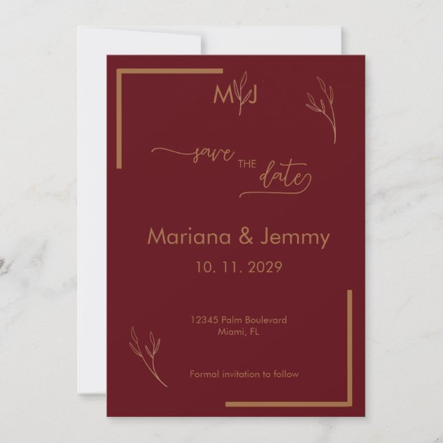 Reserve A Data Modern Burgundy Golden Leaflet Monogram Scripted  (Frente)