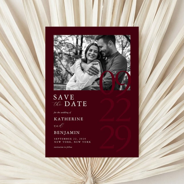 Reserve A Data Modern Burgundy Minimalist Photo Wedding (Criador carregado)