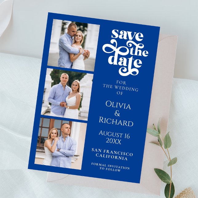 Reserve A Data Modern Cobalt Blue Photo Collage Wedding (Criador carregado)