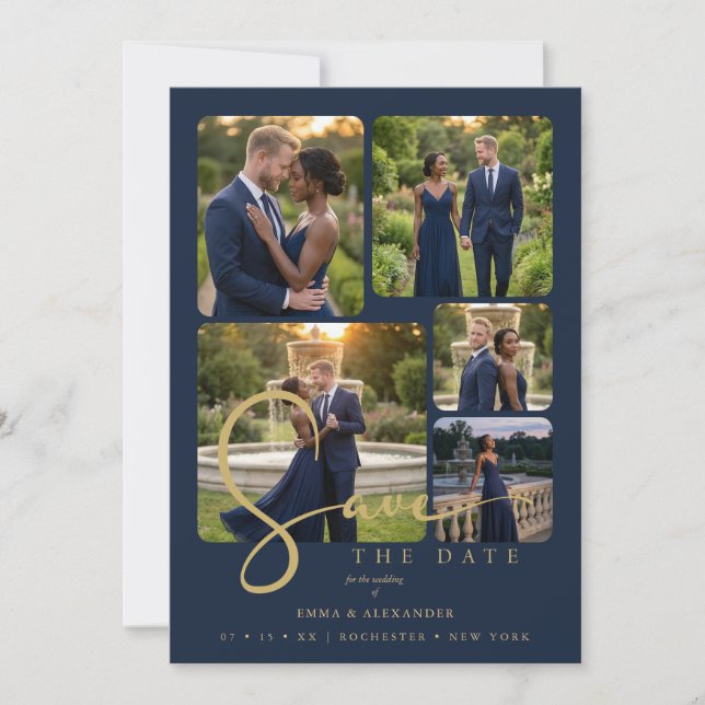 Reserve A Data Modern Collage 5-Photo Wedding Navy Blue (Frente)