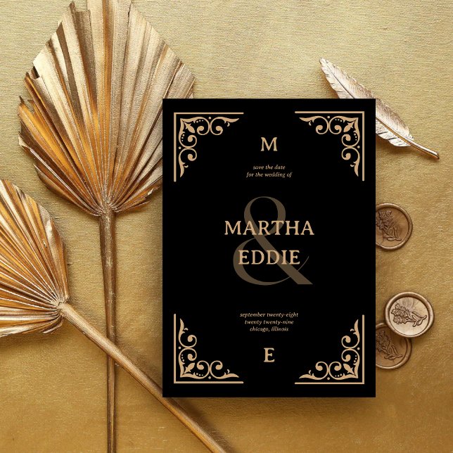 Reserve A Data Modern Deco | Black and Gold Photo Back Wedding (Criador carregado)