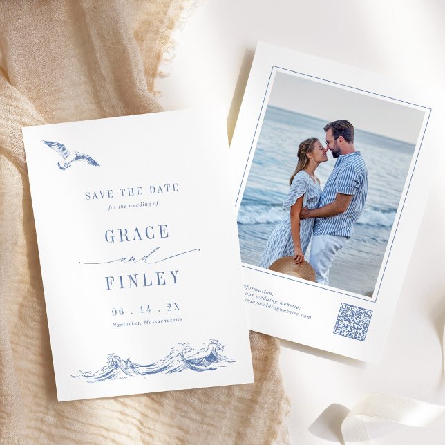 Reserve A Data Modern Elegant Coastal Chic Blue Wedding Photo  (Criador carregado)