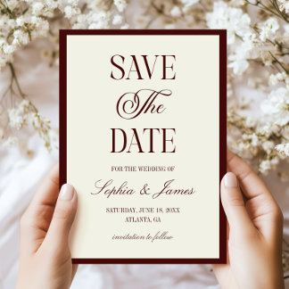 Reserve A Data Modern Elegant Dark Burgundy Ivory Wedding