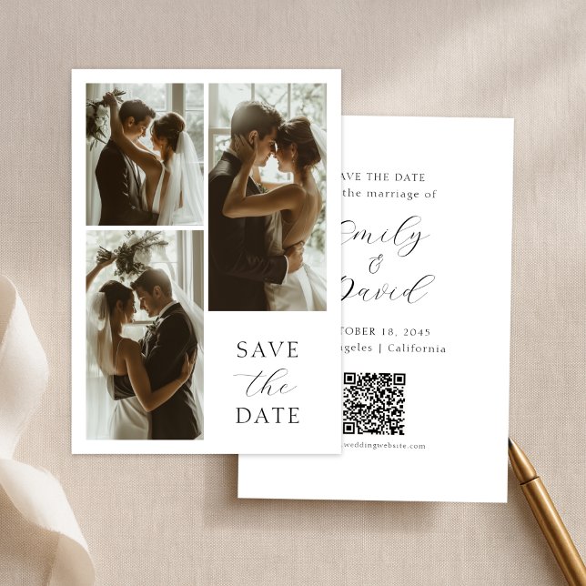 Reserve A Data Modern Elegant Script 3 Photo Minimalist Wedding (Criador carregado)