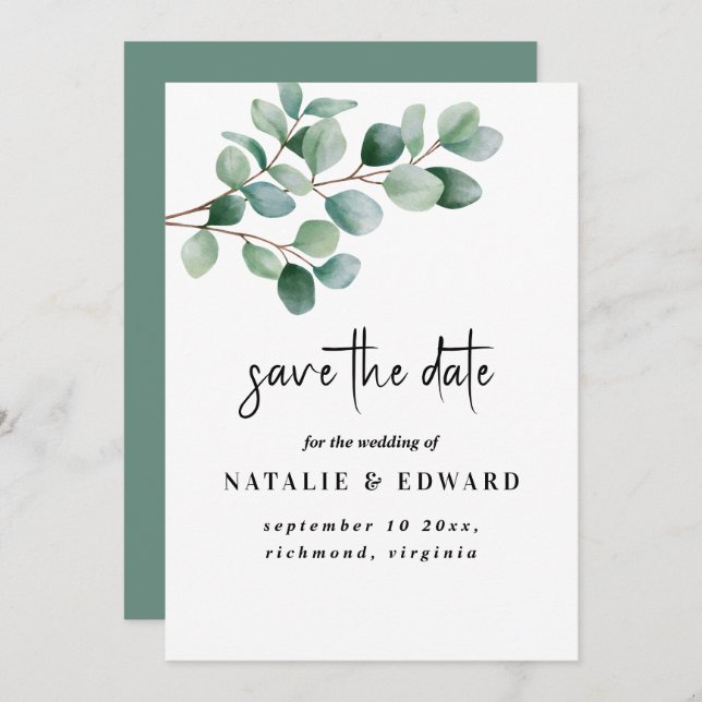 Reserve A Data Modern Eucalyptus Greenery Wedding (Frente/Verso)