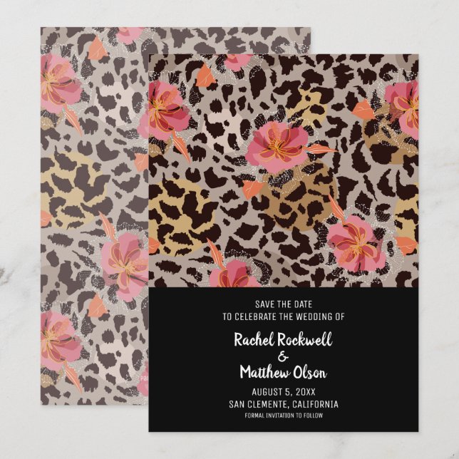 Reserve A Data Modern Floral Animal Print Casamento Salve a Data (Frente/Verso)