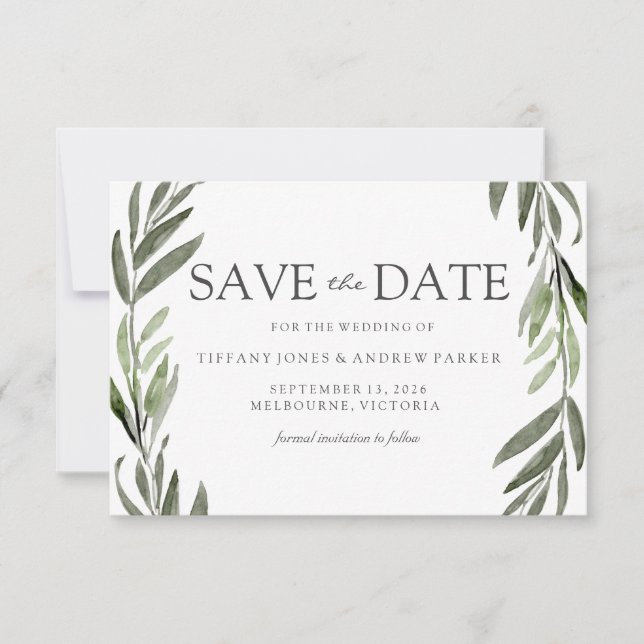 Reserve A Data Modern Leaf Wreath Save the Date Invite (Frente)