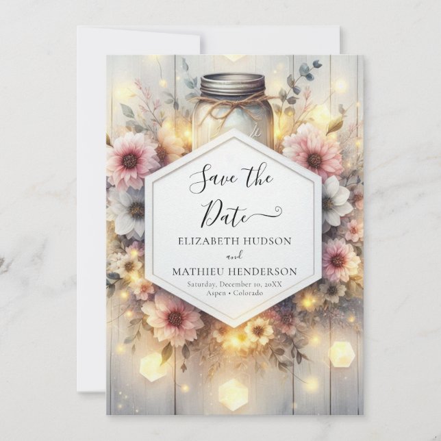 Reserve A Data Modern Lights Mason Jar Wedding (Frente)