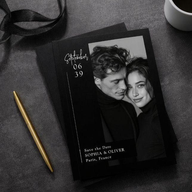Reserve A Data Modern Minimal Editorial Black Photo Save the Date (Criador carregado)