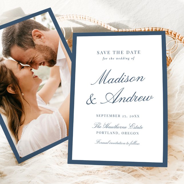 Reserve A Data Modern Navy Border Photo Wedding (Criador carregado)