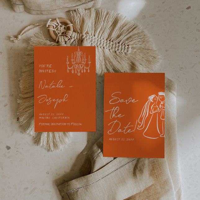 Reserve A Data Modern Orange Hand Drawn Retro Summer Wedding  (Criador carregado)