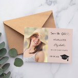Reserve A Data Modern photo blush pink neutral Graduation Party<br><div class="desc">A photo Save the date card for a graduation. On front: Add your own vertical size photo of the graduate. A trendy blush pink neutral colored background, black text. Templates for a name and date. The name and the text: Save the Date are written with a modern hand lettered style...</div>