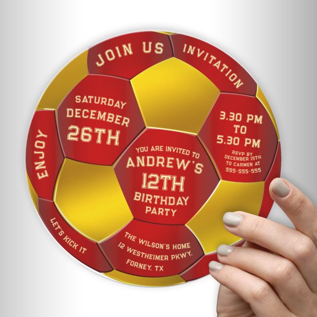 Reserve A Data Modern Red Text Soccer Ball Birthday Invitation  (Criador carregado)