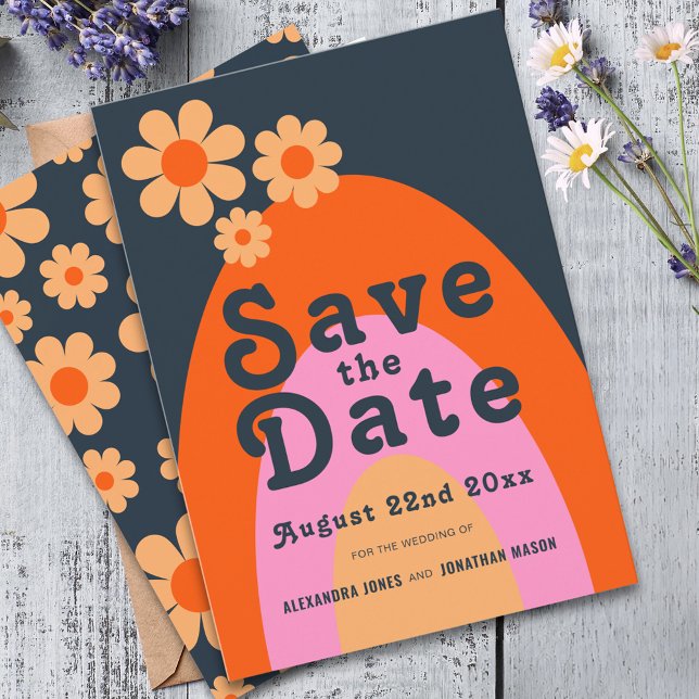 Reserve A Data Modern Retro 70 Daisy Wedding (Modern retro daisy arch wedding save the date with groovy 70s vintage typography )