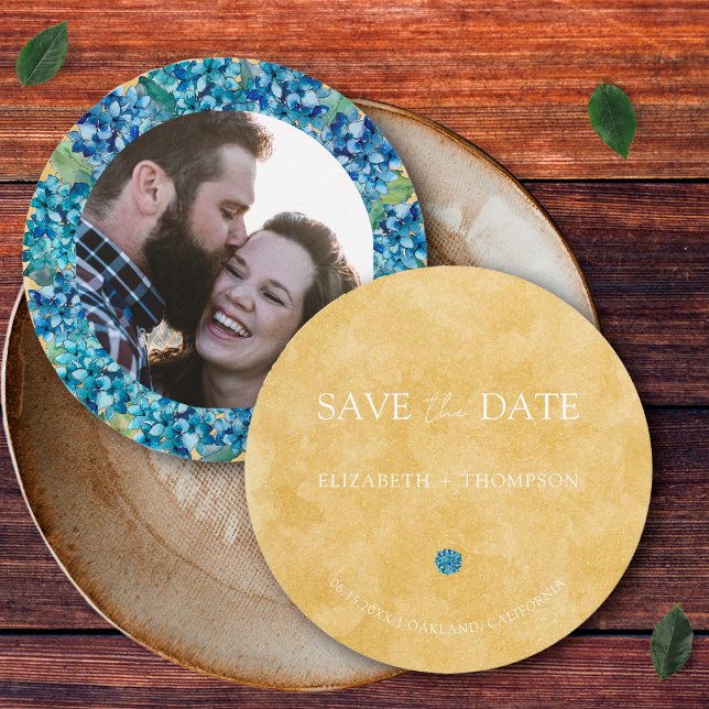 Reserve A Data Modern Sand Blue Hydrangea Round Wedding (Criador carregado)
