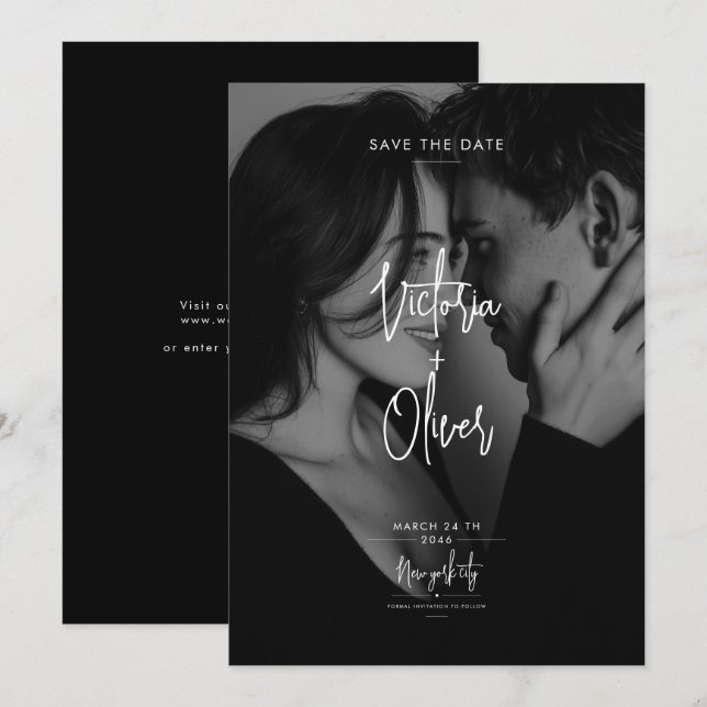 Reserve A Data Modern Script Black Editorial Photo Save the Date (Frente/Verso)