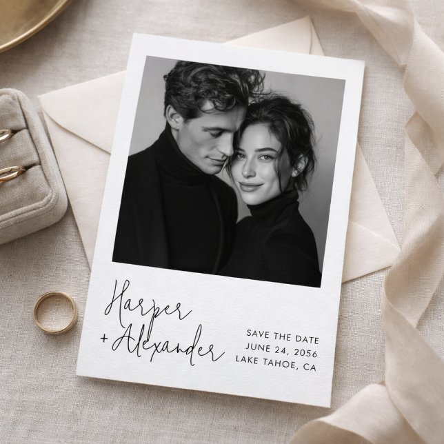 Reserve A Data Modern Script Polaroid Photo Wedding Save the Date (Criador carregado)