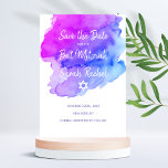 Reserve A Data Modern Watercolor Purple Blue Star BAT MITZVAH<br><div class="desc">Beautiful religious Jewish Bat Mitzvah SAVE THE CARD cards. Light watercolor pastel purple, violet, blue, turquoise with star of David in white. Modern script letters. 'Is called to the TORAH as a Bar Mitzvah'. Perfect for 12 year old daughter, girl. Easy to edit - just add your information / text....</div>