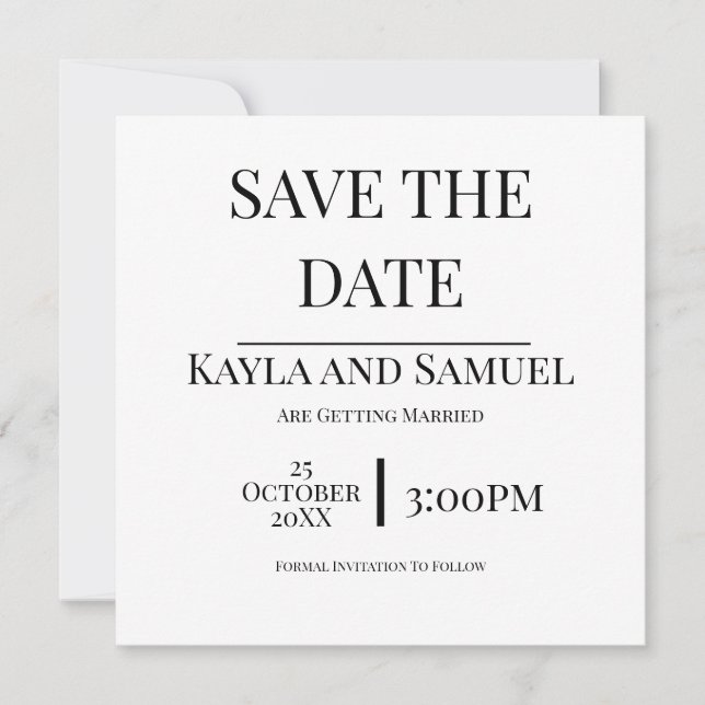 Reserve A Data Modern White Save The Date Card with Black Text (Frente)