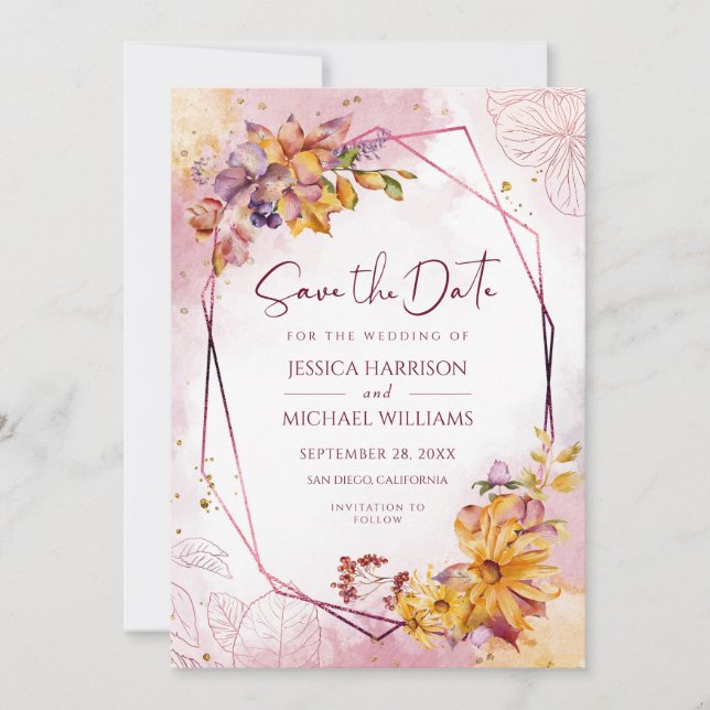 Reserve A Data Moderna queda geométrica deixa caligrafia Borgonha (Frente)