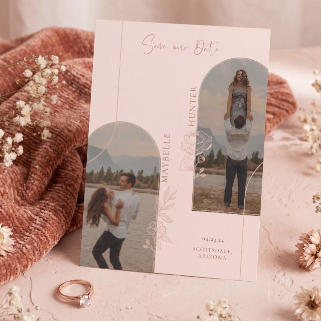 Reserve A Data Moderno Arco Floral Rosa Boho Pink & Marrom (Modern Boho Floral Rose Photo Arch Pink & Brown Save The Date)