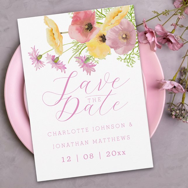 Reserve A Data Moderno Boho Chic Floral Casamento Rosa (Elegant wildflower watercolor pink yellow floral wedding save the date invitation)