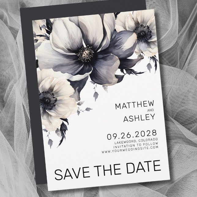 Reserve A Data Moderno Boho Elegante Casamento Floral Preto Branc (Modern Elegant Floral Black White Wedding Save the Date)