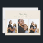 Reserve A Data moderno casamento de colagem de 4 fotos com caligr<br><div class="desc">moderno Save the Date de casamento com caligrafia e 4 fotos. Este cartão elegante inclui uma colagem de fotos de 3 fotos na frente e 1 no verso com texto personalizado e fundo.colagem</div>