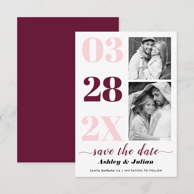 Reserve A Data Moderno cor-de-rosa-pincel, tipografia burgundy du (Frente/Verso)