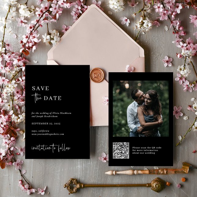 Reserve A Data Moderno e minimalista simples | Casamento Fotográf (A modern and minimalist dark black wedding save the date card, with your photo and a QR code)
