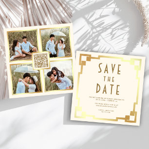Reserve A Data Moldura Art Déco Creme Dourado Código QR Casamento