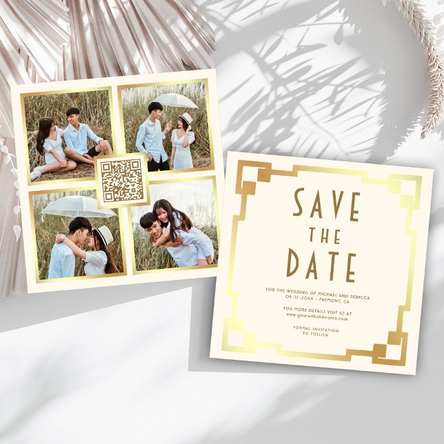 Reserve A Data Moldura Art Déco Creme Dourado Código QR Casamento (Criador carregado)