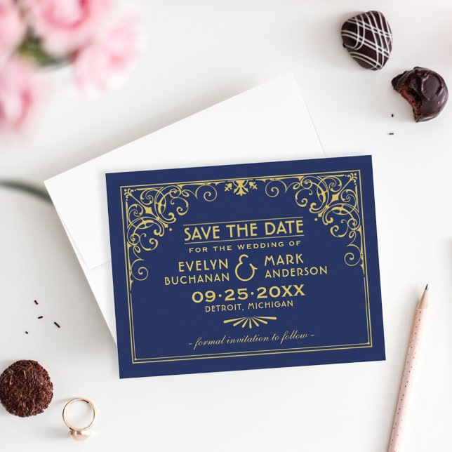 Reserve A Data Moldura Art Déco Dourada Casamento Azul-Marinho Pr (Criador carregado)