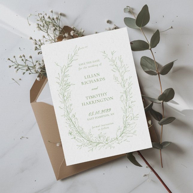 Reserve A Data Moldura de Arte de Linha Botânica Verde Casamento (Criador carregado)