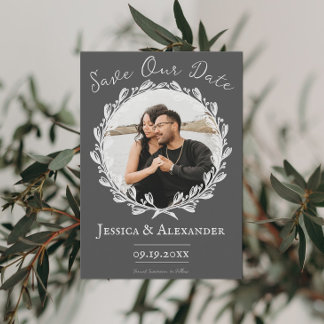 Reserve A Data Moldura de Foto de Grinalda Elegante | Cinza Salve