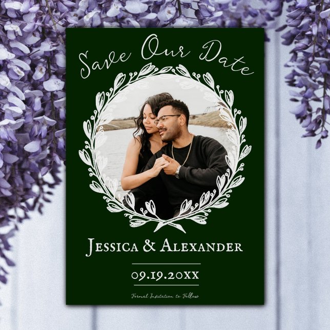 Reserve A Data Moldura de Foto de Guirlanda Elegante | Verde Esme (Emerald Green Elegant Wreath Frame Photo Save the Date)