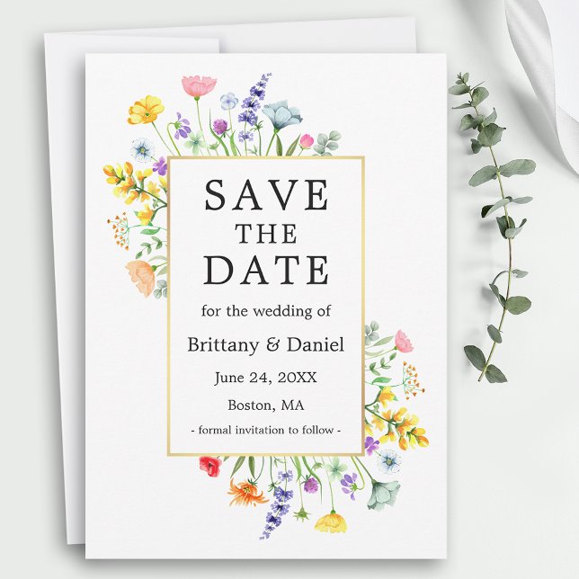 Reserve A Data Moldura Dourada de Aquarela de Flores Silvestres (Customize to change text size, color, style or add more text to back of card.)